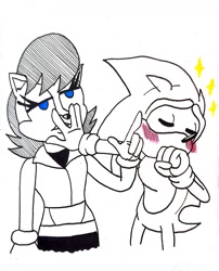 Size: 1280x1588 | Tagged: safe, artist:erictmason, sally acorn, sonic the hedgehog, chipmunk, hedgehog, 2026, black and white, blushing, duo, female, male, sally x sonic, sally's ringblader outfit, shipping, simple background, sparkles, straight, tree, valentine's day, white background