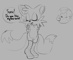 Size: 853x704 | Tagged: safe, artist:sontailsstuff, miles "tails" prower, sonic the hedgehog, blushing, dialogue, duo, gay, grey background, shipping, simple background, smile, sonic x tails, stockings, thumbs up