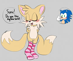 Size: 1120x928 | Tagged: safe, artist:sontailsstuff, artist:tchelows, editor:tchelows, miles "tails" prower, sonic the hedgehog, 2026, alternate version, blushing, color edit, colored version, dialogue, duo, edit, flat colors, gay, shipping, smile, sonic x tails, stockings, thumbs up