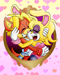 Size: 800x1000 | Tagged: safe, artist:bellseashell, antoine d'coolette, bunnie rabbot, coyote, rabbit, 2021, buntoine, duo, female, happy, heart, heart background, hugging, male, shipping, straight, valentine's day