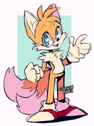 Size: 1521x2048 | Tagged: safe, artist:trashcanprince, miles "tails" prower, 2022, chest fluff, clenched fist, cute, ear fluff, eyelashes, flat colors, looking at viewer, one fang, sketch, smile, solo, standing