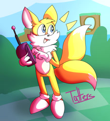Size: 2006x2208 | Tagged: safe, artist:tatters-the-bat, miles "tails" prower, green hill zone, 2023, abstract background, bush, chest fluff, clouds, cute, daytime, ear fluff, fangs, holding something, looking offscreen, loop, mouth open, ocean, outdoors, remote controller, signature, smile, solo, tailabetes, water
