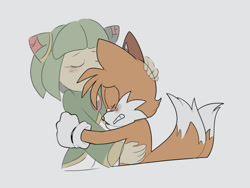 Size: 1143x859 | Tagged: safe, artist:pastafrolas, cosmo the seedrian, miles "tails" prower, 2019, blushing, comforting, crying, duo, eyes closed, flat colors, ghost, grey background, hugging, sad, simple background, tears, tears of sadness