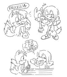 Size: 1280x1468 | Tagged: safe, artist:pastafrolas, knuckles the echidna, sonic the hedgehog, 2019, carrying them, dialogue, duo, english text, holding something, hugging, line art, monochrome, mouth open, screwdriver, shrugging, simple background, smile, speech bubble, standing, table, text, thought bubble, white background