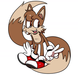 Size: 1280x1232 | Tagged: safe, artist:toxiccaves, miles "tails" prower, 2018, brown fur, mouth open, mullet, red eyes, simple background, smile, solo, v sign, white background