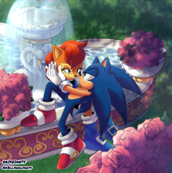 Size: 2184x2200 | Tagged: safe, artist:k3llywolfarts, artist:risziarts, sally acorn, sonic the hedgehog, chipmunk, hedgehog, 2024, daytime, duo, female, flower, fountain, looking at each other, lying on them, male, rose, sally x sonic, sally's ringblader outfit, shipping, sitting, straight