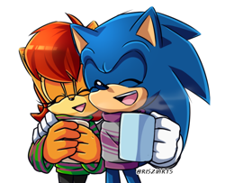 Size: 622x505 | Tagged: safe, artist:risziarts, sally acorn, sonic the hedgehog, chipmunk, hedgehog, 2021, arm around shoulders, clothes, drink, duo, eyes closed, female, hand on another's shoulder, happy, holding something, male, mouth open, mug, open smile, sally x sonic, sally's ringblader outfit, shipping, simple background, smile, straight, sweater, white background