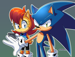 Size: 1340x1024 | Tagged: safe, artist:risziarts, nicole the handheld, sally acorn, sonic the hedgehog, chipmunk, hedgehog, 2023, duo, female, frown, gradient background, green background, holding something, looking at viewer, male, outline, protecting, sally x sonic, sally's ringblader outfit, shipping, straight, white outline