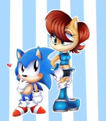 Size: 768x876 | Tagged: safe, artist:ai-amaterasu, sally acorn, sonic the hedgehog, chipmunk, hedgehog, 2015, blushing, classic sonic, duo, female, heart, height difference, looking at each other, low res, male, sally x sonic, sally's ringblader outfit, shipping, simple background, smile, standing, straight, striped background