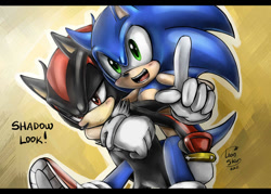 Size: 900x643 | Tagged: safe, artist:leons-7, shadow the hedgehog, sonic the hedgehog, hedgehog, dialogue, duo, english text, frown, gradient background, outline, pointing, riding on back, smile, standing, text
