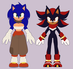 Size: 2344x2227 | Tagged: safe, artist:smugperson, shadow the hedgehog, sonic the hedgehog, 2026, bandana, chest binding, chest fluff, clothes, duo, flat colors, front view, frown, gender swap, grey background, looking at viewer, pants, simple background, smile, standing