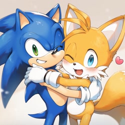 Size: 1024x1024 | Tagged: safe, artist:nukofu_art, miles "tails" prower, sonic the hedgehog, 2026, duo, grey background, heart, hugging, mouth open, simple background, smile, standing, wink