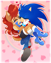 Size: 959x1200 | Tagged: safe, artist:metalpandora, sally acorn, sonic the hedgehog, chipmunk, hedgehog, 2020, abstract background, blushing, carrying them, clothes, duo, female, fully clothed, heart, kiss, male, rainbow, sally x sonic, sally's ringblader outfit, shipping, straight, watermark