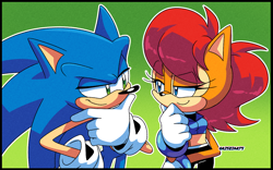 Size: 1374x860 | Tagged: safe, artist:risziarts, sally acorn, sonic the hedgehog, chipmunk, hedgehog, 2023, duo, female, green background, looking at each other, male, sally x sonic, sally's ringblader outfit, shipping, simple background, smile, straight, thinking