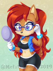 Size: 852x1133 | Tagged: safe, artist:metalpandora, sally acorn, chipmunk, 2019, abstract background, collar, female, flower (symbol), glasses, holding something, long hair, looking at something, mirror, sally's ringblader outfit, solo, watermark