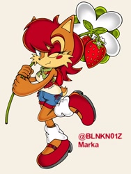 Size: 1536x2048 | Tagged: safe, artist:blnkn01z, sally acorn, chipmunk, 2025, alternate outfit, clothes, female, flower, fruit, fully clothed, holding something, looking at viewer, simple background, smile, solo, strawberry, wink