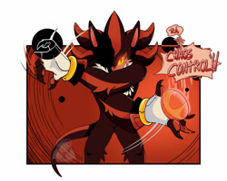 Size: 1280x1024 | Tagged: safe, artist:impydragon, shadow the hedgehog, 2025, chaos control, chaos emerald, claws, dialogue, fingerless gloves, glowing eyes, long tail, looking at viewer, redraw, shadowed face, solo, standing