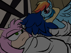 Size: 520x388 | Tagged: safe, artist:shakoba, amy rose, sonic the hedgehog, amy x sonic, bedroom, cuddling, duo, funny, lidded eyes, meme, meme redraw, my little pony, rainbow dash, shipping, stuffed animal