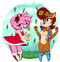 Size: 899x922 | Tagged: safe, artist:melancholybat, amy rose, sally acorn, 2019, cute, duo, eyes closed, featureless breasts, flower, grass, leaf, smile, standing