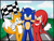 Size: 1024x787 | Tagged: safe, artist:melancholybat, knuckles the echidna, miles "tails" prower, sonic the hedgehog, 2019, abstract background, arm around shoulders, checkered flag, clouds, daytime, flag, grass, looking at viewer, outdoors, smile, standing, team sonic, tongue out, trio, v sign