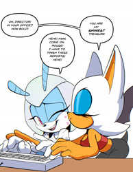 Size: 2048x2638 | Tagged: safe, artist:thenovika, jewel the beetle, rouge the bat, 2026, crack shipping, cute, dialogue, duo, english text, jewel x rouge, keyboard, kiss, kiss marks, kiss on cheek, lesbian, shipping, simple background, smile, speech bubble, white background