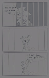 Size: 1293x2048 | Tagged: safe, artist:0vergrowngraveyard, miles "tails" prower, sonic the hedgehog, sonic forces, 2026, alignment swap, alternate universe, au:phantom ruby-ied tails, comic, dialogue, duo, english text, flat colors, greyscale, infinite tails, infinite's mask, monochrome, sitting, speech bubble, standing, text