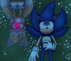 Size: 2048x1745 | Tagged: safe, artist:0vergrowngraveyard, miles "tails" prower, sonic the hedgehog, sonic forces, alternate universe, au:phantom ruby-ied tails, eyes closed, flower, grass, hand on stomach, hands together, illusion, infinite tails, looking up, lying down, nighttime, outdoors, phantom ruby, smile, solo