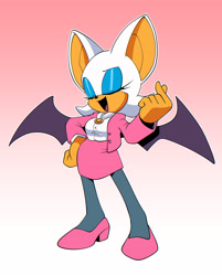Size: 2048x2541 | Tagged: safe, artist:thenovika, rouge the bat, 2026, gradient background, mouth open, outfit swap, outline, smile, solo