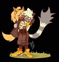 Size: 1800x1882 | Tagged: safe, artist:lilhomoj, tangle the lemur, whisper the wolf, 2026, beanbrows, black background, blushing, carrying them, eye clipping through hair, fangs, grass, holding each other, lesbian, shipping, signature, simple background, standing, tangle x whisper