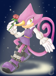 Size: 1481x2000 | Tagged: safe, artist:psychictimestone, espio the chameleon, hedgehog, the murder of sonic the hedgehog, 2026, flower, holding something, looking at viewer, male, rose, smile, solo, sparkles, spotlight
