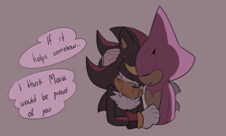 Size: 1280x768 | Tagged: safe, artist:pastafrolas, espio the chameleon, shadow the hedgehog, comforting, crying, dialogue, duo, english text, gay, grey background, hugging, implied maria, sad, shadpio, shipping, simple background, speech bubble, tears, text