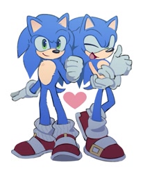 Size: 719x873 | Tagged: safe, artist:feng_ft, sonic the hedgehog, hedgehog, sonic the hedgehog (2020), 2026, cute, duo, heart, looking at viewer, male, modern sonic, mouth open, movie sonic, self paradox, simple background, smile, sonabetes, standing, white background, wink
