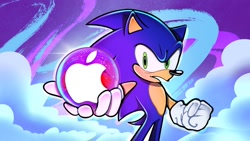 Size: 1280x720 | Tagged: safe, artist:boiled walrus, sonic the hedgehog, sonic dream team, 2026, abstract background, apple (phone), clenched fist, clouds, dream orb, frown, holding something, looking at viewer, mouth open, solo, standing, style emulation, uekawa style, youtube link in description, youtube thumbnail