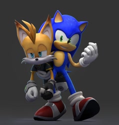 Size: 1900x2000 | Tagged: safe, artist:_nav_o, miles "tails" prower, nine, sonic the hedgehog, fox, hedgehog, sonic prime, 2026, 3d, blender, carrying them, duo, frown, gradient background, male, nine is not amused, smile, standing, treads, unamused