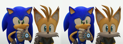 Size: 3627x1303 | Tagged: safe, artist:_nav_o, miles "tails" prower, nine, sonic the hedgehog, 2025, 3d, anonymous editor, duo, edit, frown, gay, gradient background, hand under chin, looking at them, looking offscreen, nine x sonic, shipping, smile, sonic x tails, stitched