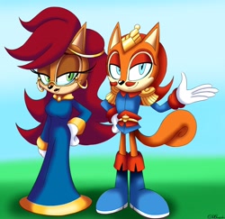 Size: 3600x3505 | Tagged: safe, artist:dblueshi, chipmunk, 2026, daytime, duo, female, looking at viewer, male, marianne acorn, nigel acorn, pose