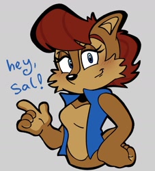 Size: 1578x1738 | Tagged: safe, artist:charmsterzz, sally acorn, chipmunk, 2026, dialogue, english text, female, grey background, offscreen character, pose, sally's vest and boots, simple background, smile, solo