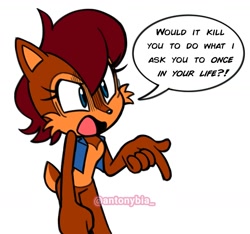 Size: 1327x1240 | Tagged: safe, artist:antonybia_, sally acorn, chipmunk, 2026, dialogue, english text, female, looking at them, looking offscreen, sally x sonic, sally's vest and boots, shipping, simple background, solo, speech bubble, straight, white background