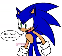 Size: 1421x1286 | Tagged: safe, artist:antonybia_, sonic the hedgehog, hedgehog, 2026, dialogue, english text, looking at them, looking offscreen, male, sally x sonic, shipping, simple background, solo, speech bubble, straight, white background