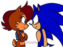 Size: 1500x1129 | Tagged: safe, artist:antonybia_, sally acorn, sonic the hedgehog, chipmunk, hedgehog, 2026, duo, female, looking at each other, male, sally x sonic, sally's vest and boots, shipping, simple background, straight, white background