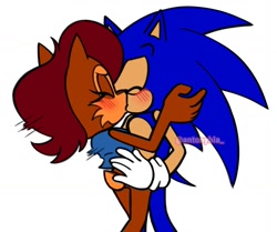 Size: 1853x1547 | Tagged: safe, artist:antonybia_, sally acorn, sonic the hedgehog, hedgehog, 2026, blushing, chipmunk simple background, duo, female, kiss, male, sally x sonic, sally's vest and boots, shipping, straight, white background