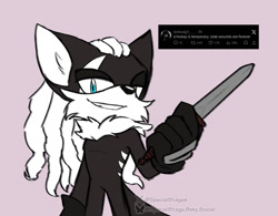 Size: 1232x963 | Tagged: safe, artist:special-stage-art, infinite the jackal, jackal, 2026, heterochromia, holding something, knife, looking at viewer, pink background, reference inset, simple background, smile, solo, twitter, weapon