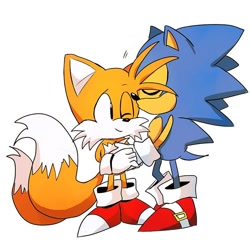 Size: 800x768 | Tagged: safe, artist:tlskwi, miles "tails" prower, sonic the hedgehog, 2019, classic sonic, classic tails, cute, duo, gay, holding each other, hugging, kiss, kiss on cheek, shipping, simple background, sonic x tails, standing, white background