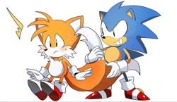 Size: 800x465 | Tagged: safe, artist:tlskwi, miles "tails" prower, sonic the hedgehog, blushing, classic sonic, classic tails, cute, duo, frown, gay, mania style, shipping, simple background, smile, sonic x tails, standing, style emulation, surprised, sweatdrop, tail grab, tailabetes, treads, white background