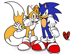 Size: 800x600 | Tagged: safe, artist:taillove, miles "tails" prower, sonic the hedgehog, 2019, arm around shoulders, blushing, duo, flat colors, gay, heart, looking at viewer, shipping, signature, simple background, smile, sonic x tails, white background