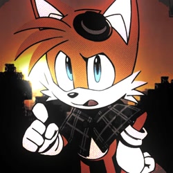 Size: 640x640 | Tagged: safe, editor:danitmz, miles "tails" prower, the murder of sonic the hedgehog, backlighting, edit, hand on hip, hat, icon, looking at viewer, mouth open, photographic background, poncho, solo
