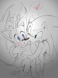 Size: 800x1067 | Tagged: safe, artist:pepamintopatty, miles "tails" prower, sonic the hedgehog, 2020, :o, blushing, duo, gay, heart, hugging, line art, monochrome, mouth open, shipping, signature, smile, sonic x tails, speech bubble, spot color, traditional media