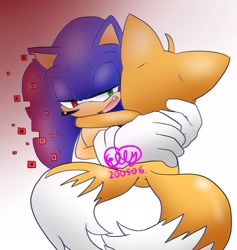 Size: 1804x1903 | Tagged: safe, artist:elly, miles "tails" prower, sonic the hedgehog, 2020, corruption, duo, glitch, gradient background, heterochromia, hugging, lidded eyes, one fang, pixels, signature, smile