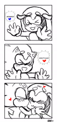 Size: 1280x2718 | Tagged: safe, artist:cupcakestreets, mighty the armadillo, sonic the hedgehog, 2020, beanbrows, blushing, comic, cute, dialogue, duo, english text, eyes closed, gay, heart, kiss, kiss on cheek, line art, mightabetes, monochrome, mouth open, shipping, smile, sonabetes, sonighty, speech bubble, spot color, text
