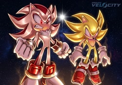 Size: 2048x1424 | Tagged: safe, artist:prolifkvelocity, shadow the hedgehog, sonic the hedgehog, super shadow, super sonic, sonic adventure 2, 2026, duo, flying, frown, glowing eyes, looking offscreen, mid-air, redraw, soap shoes, space, star (sky), super form